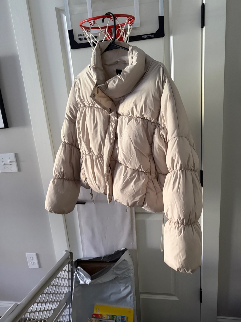 Boohoo Cream Cropped Puffer Jacket with High Collar
